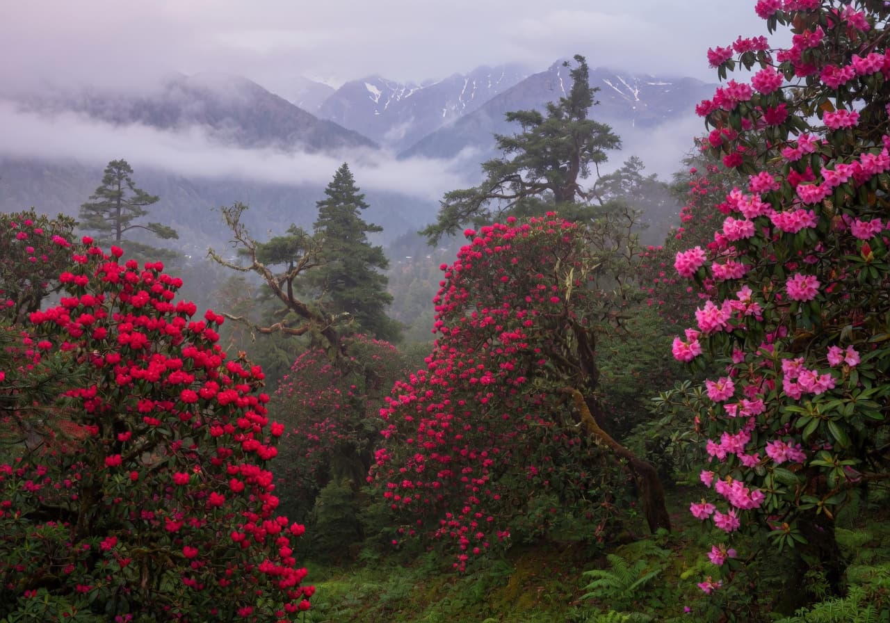 Rhododendron blooms in the forests around Chopta