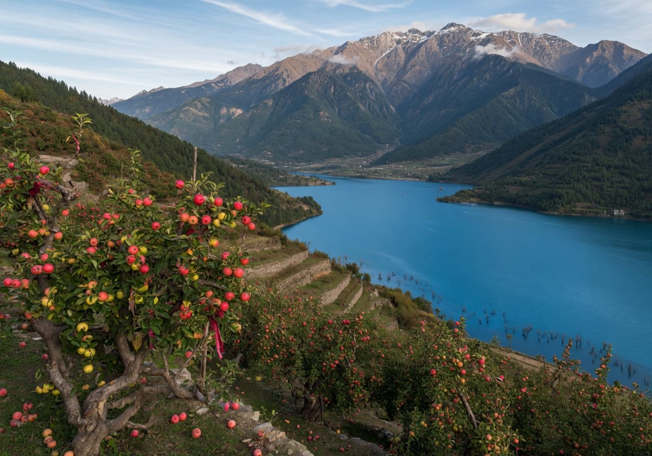 Apple orchard with a Tehri Lake view